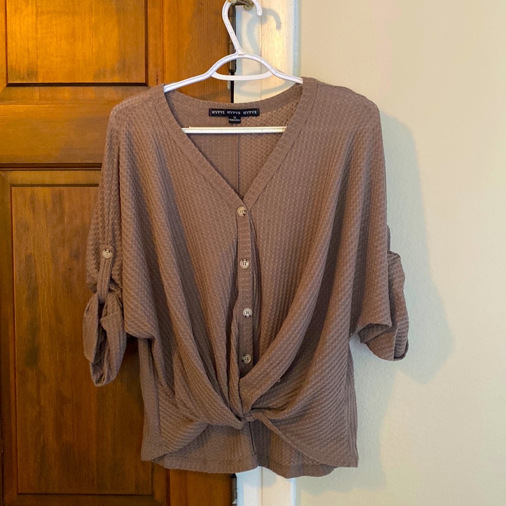 Waffle knit top with knot front detail